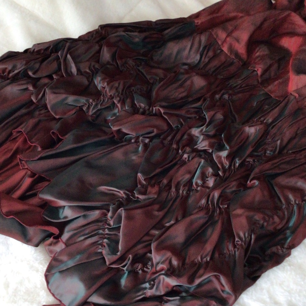 Lee Andersen Women's Wine Cabernet and Teal Satin Ruched Tiered Maxi Dress S - Picture 6 of 16